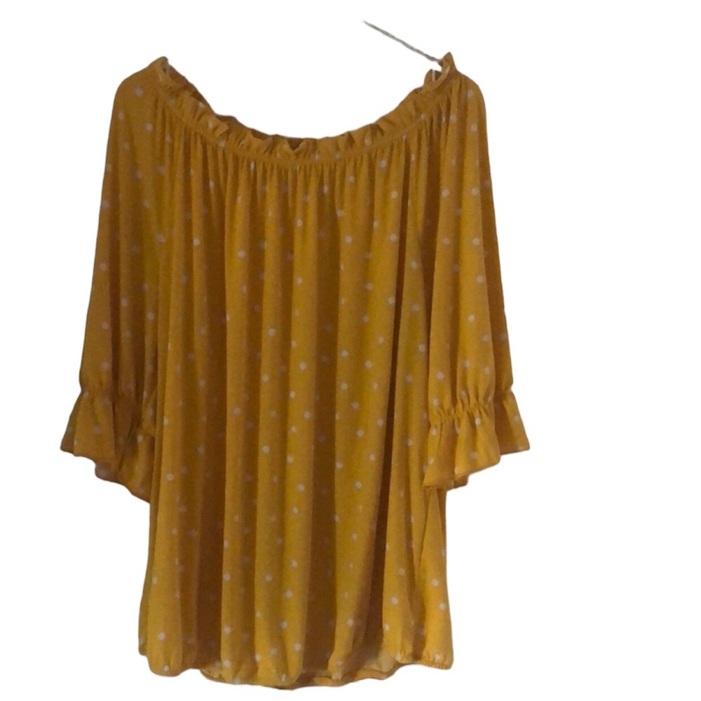 Woman’s Polkadot feminine spring yellow dainty office siren ruffled blouse top - Picture 3 of 12